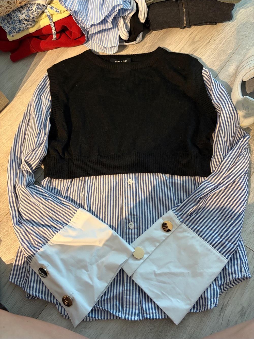 Black Knit Layered Sweater with Blue Stripe Shirt Detail